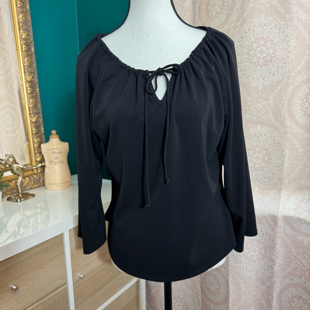 BCBG Paris Vintage 90s Y2K Black Whimsigoth Keyhole Tie-Front Blouse Size Large